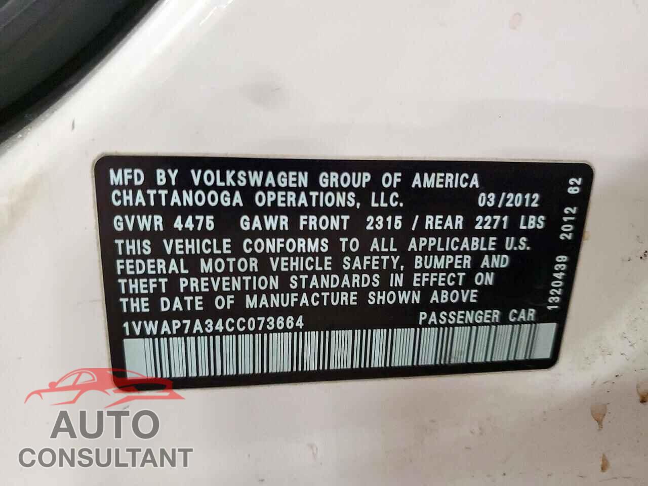 VOLKSWAGEN PASSAT 2012 - 1VWAP7A34CC073664
