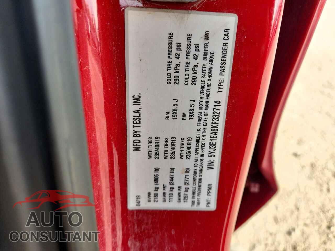 TESLA MODEL 3 2019 - 5YJ3E1EA6KF332714