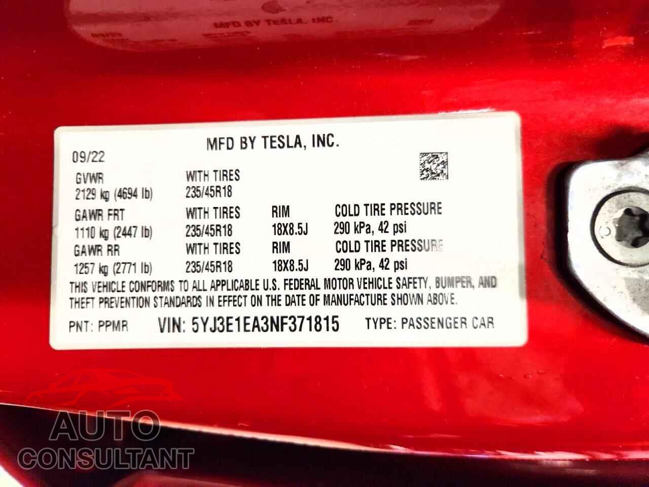 TESLA MODEL 3 2022 - 5YJ3E1EA3NF371815