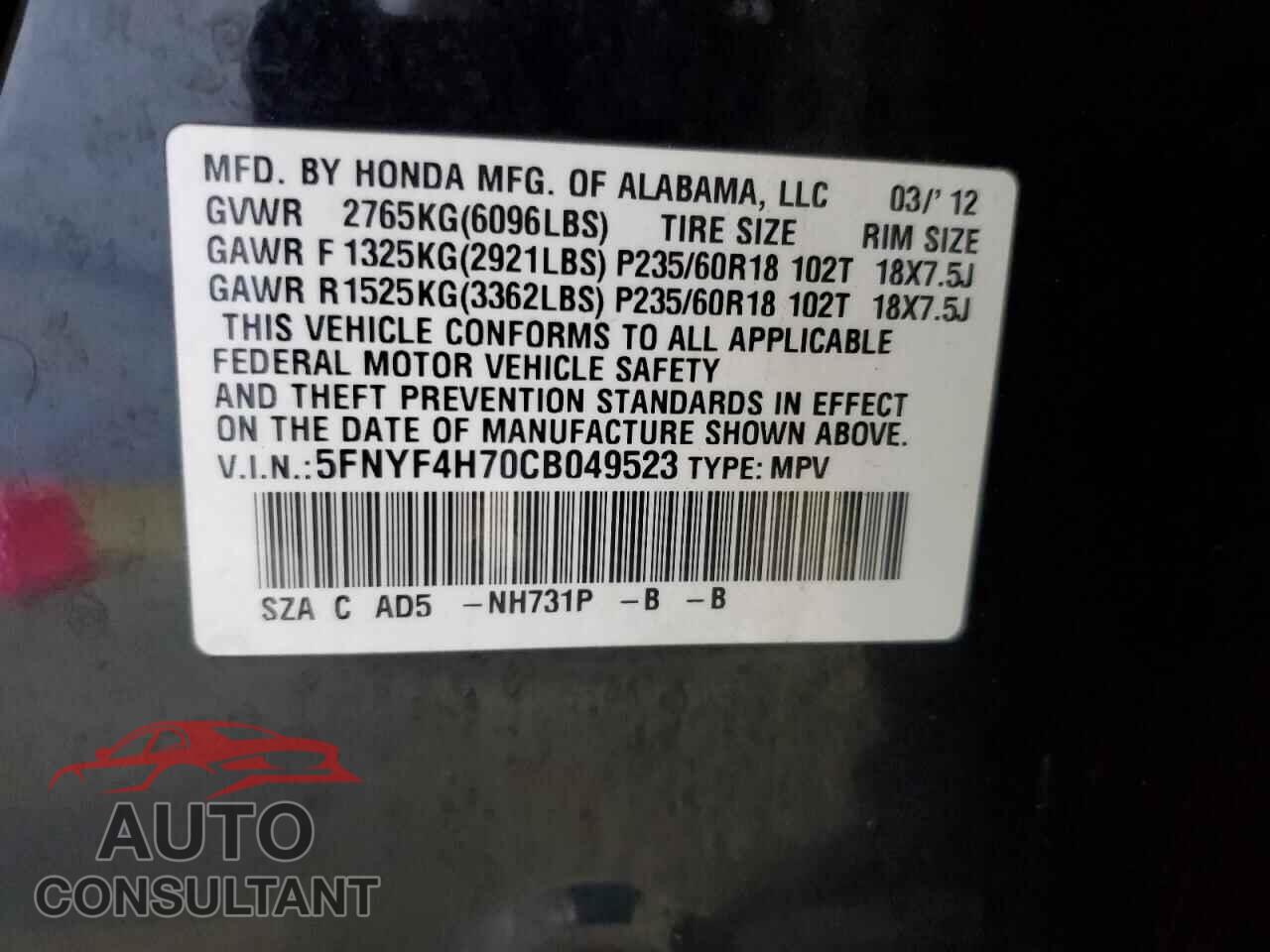HONDA PILOT 2012 - 5FNYF4H70CB049523