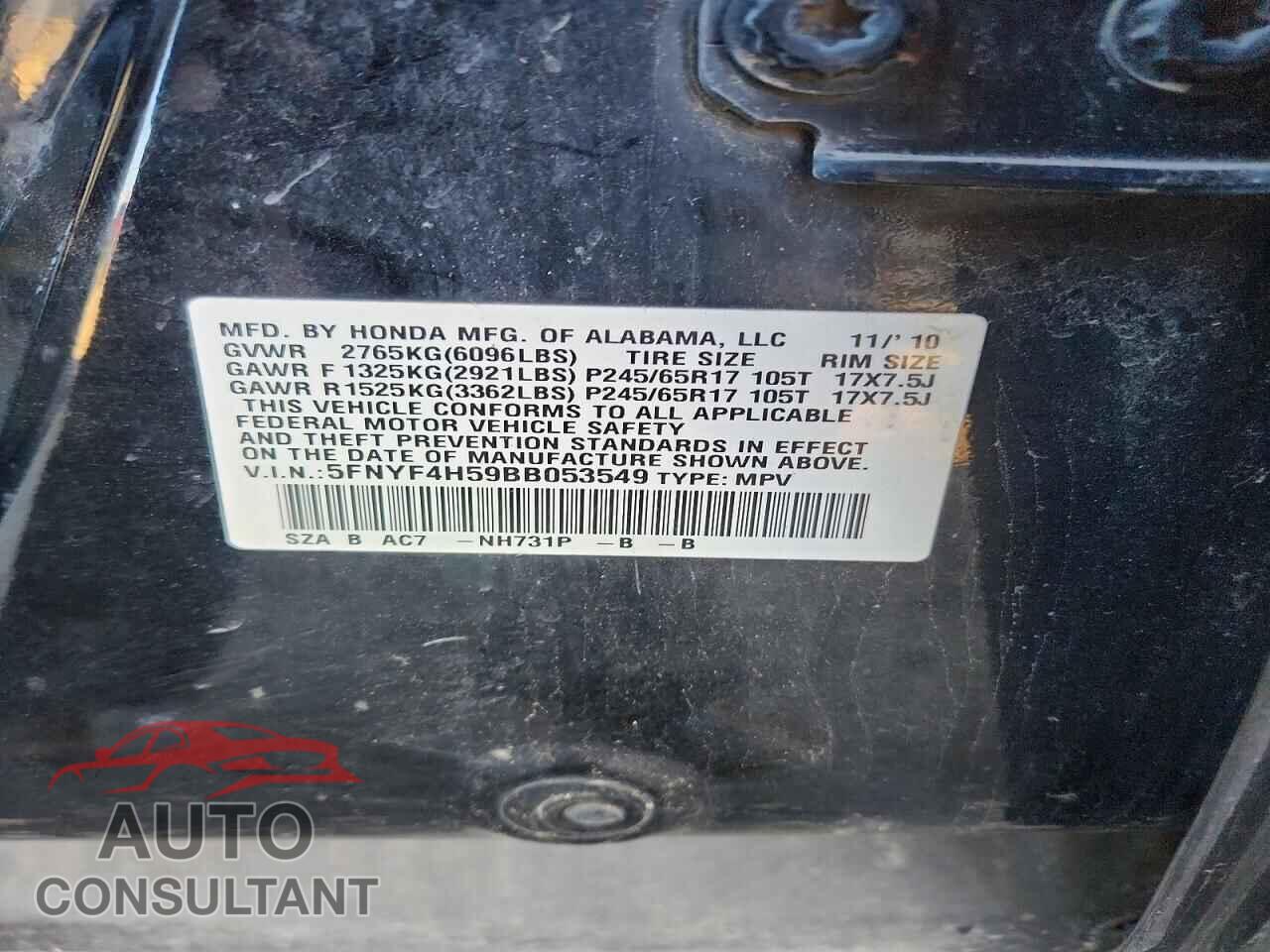HONDA PILOT 2011 - 5FNYF4H59BB053549