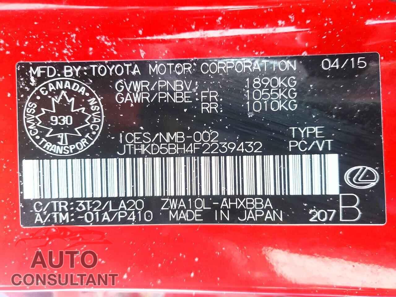 LEXUS CT 200 2015 - JTHKD5BH4F2239432