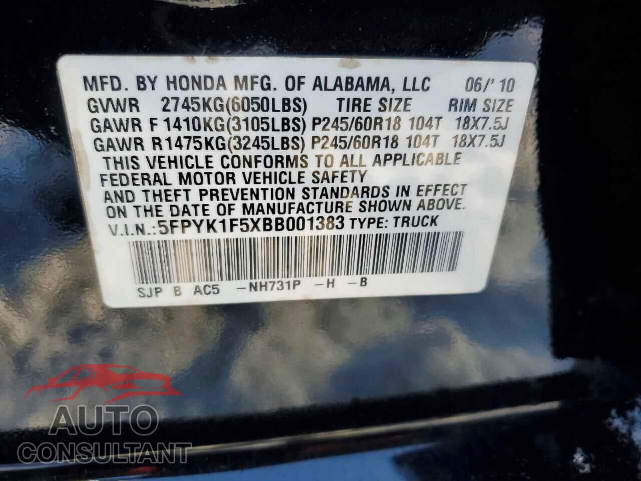 HONDA RIDGELINE 2011 - 5FPYK1F5XBB001383