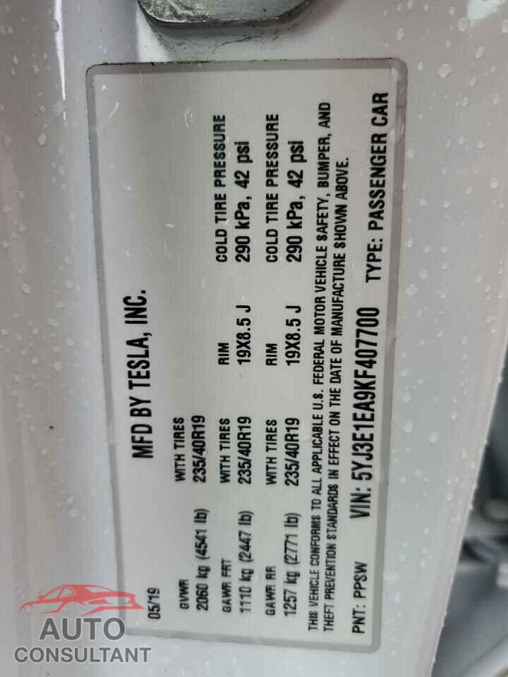 TESLA MODEL 3 2019 - 5YJ3E1EA9KF407700