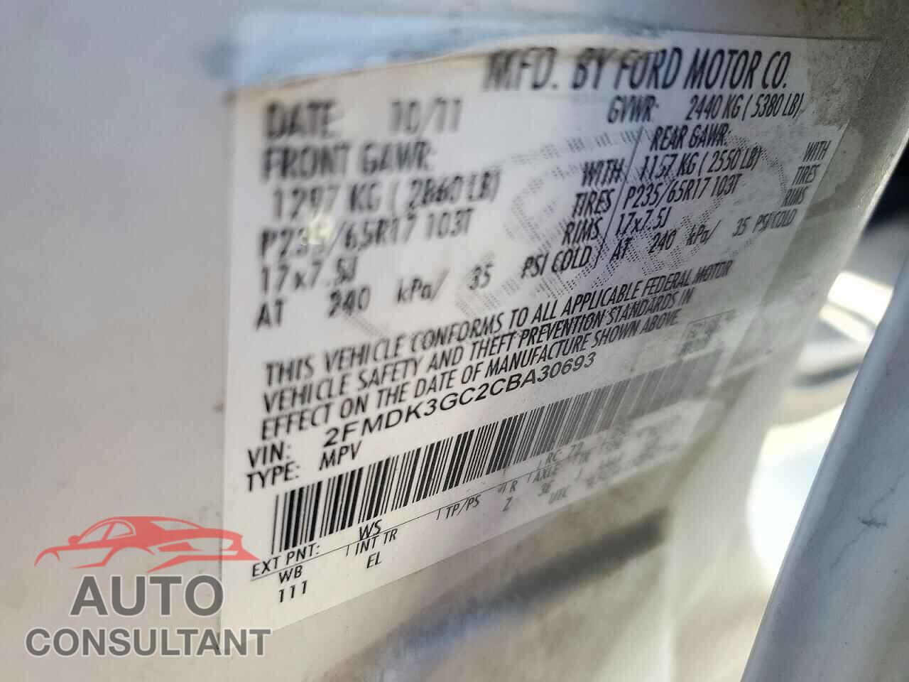 FORD EDGE 2012 - 2FMDK3GC2CBA30693