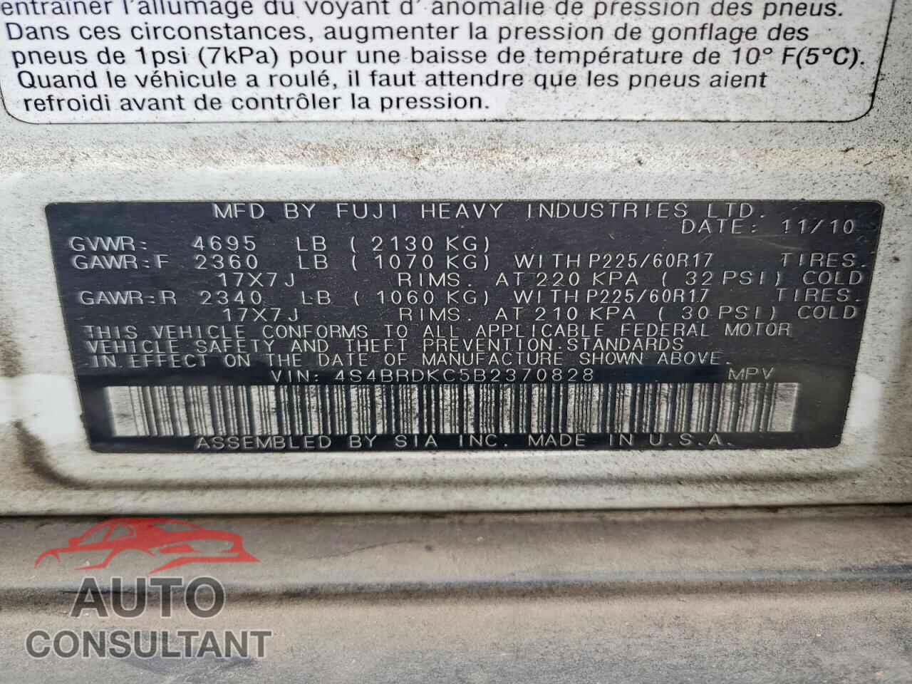 SUBARU OUTBACK 2011 - 4S4BRDKC5B2370828