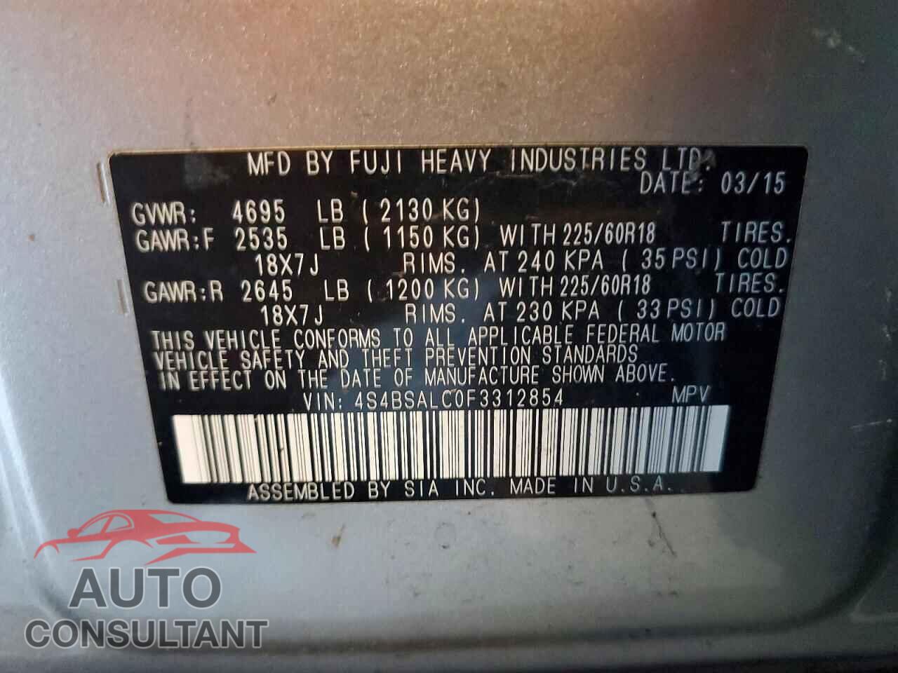 SUBARU OUTBACK 2015 - 4S4BSALC0F3312854