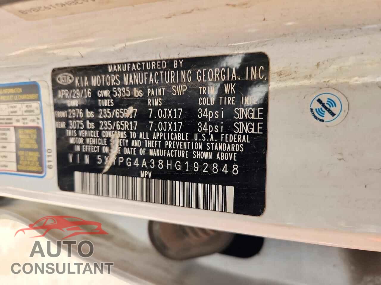 KIA SORENTO 2017 - 5XYPG4A38HG192848