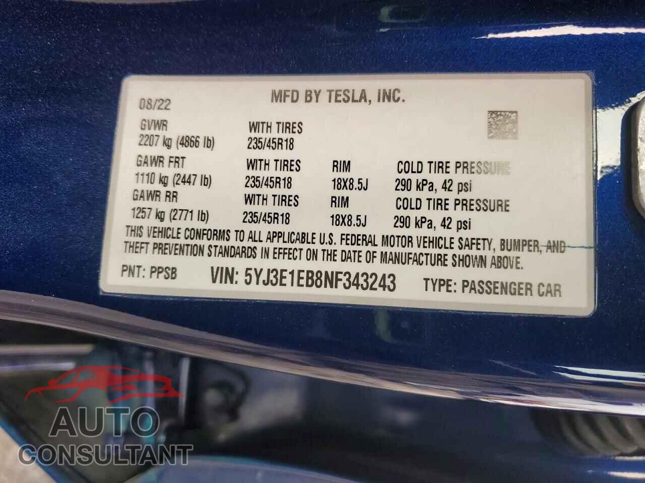 TESLA MODEL 3 2022 - 5YJ3E1EB8NF343243
