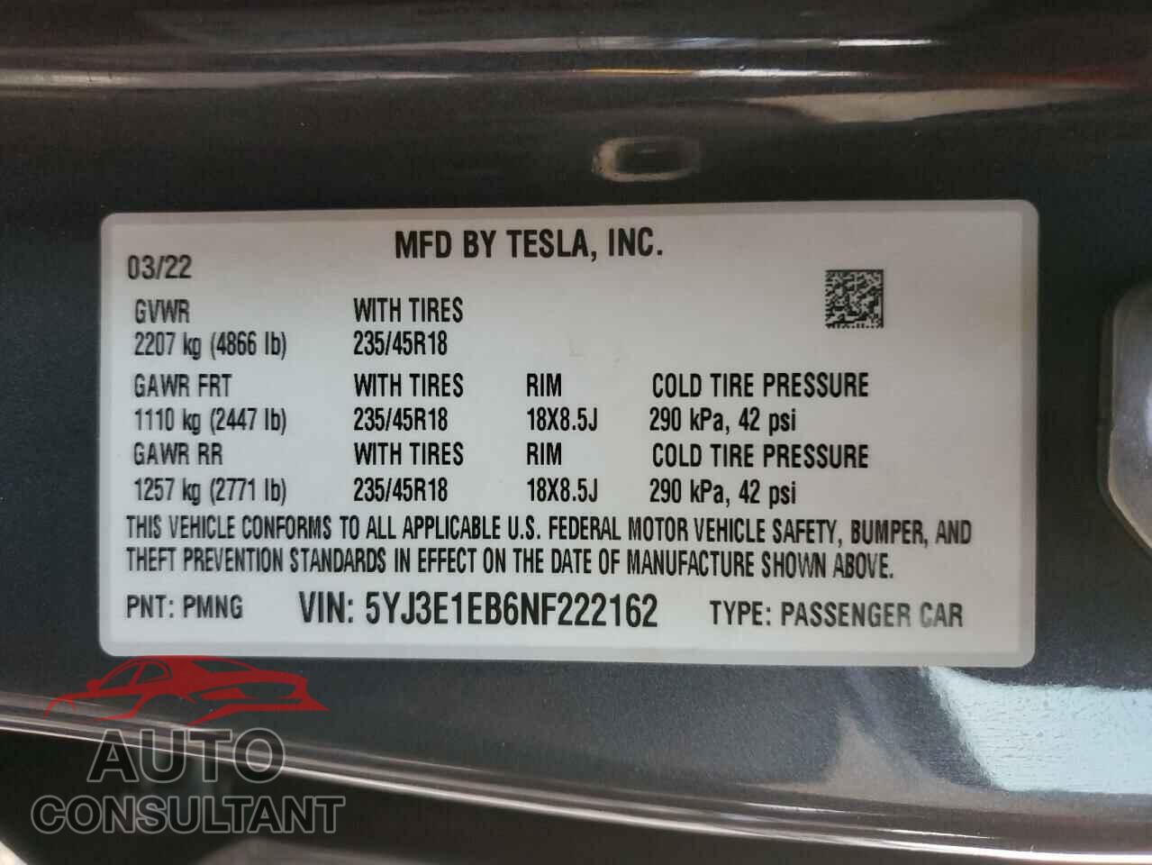 TESLA MODEL 3 2022 - 5YJ3E1EB6NF222162
