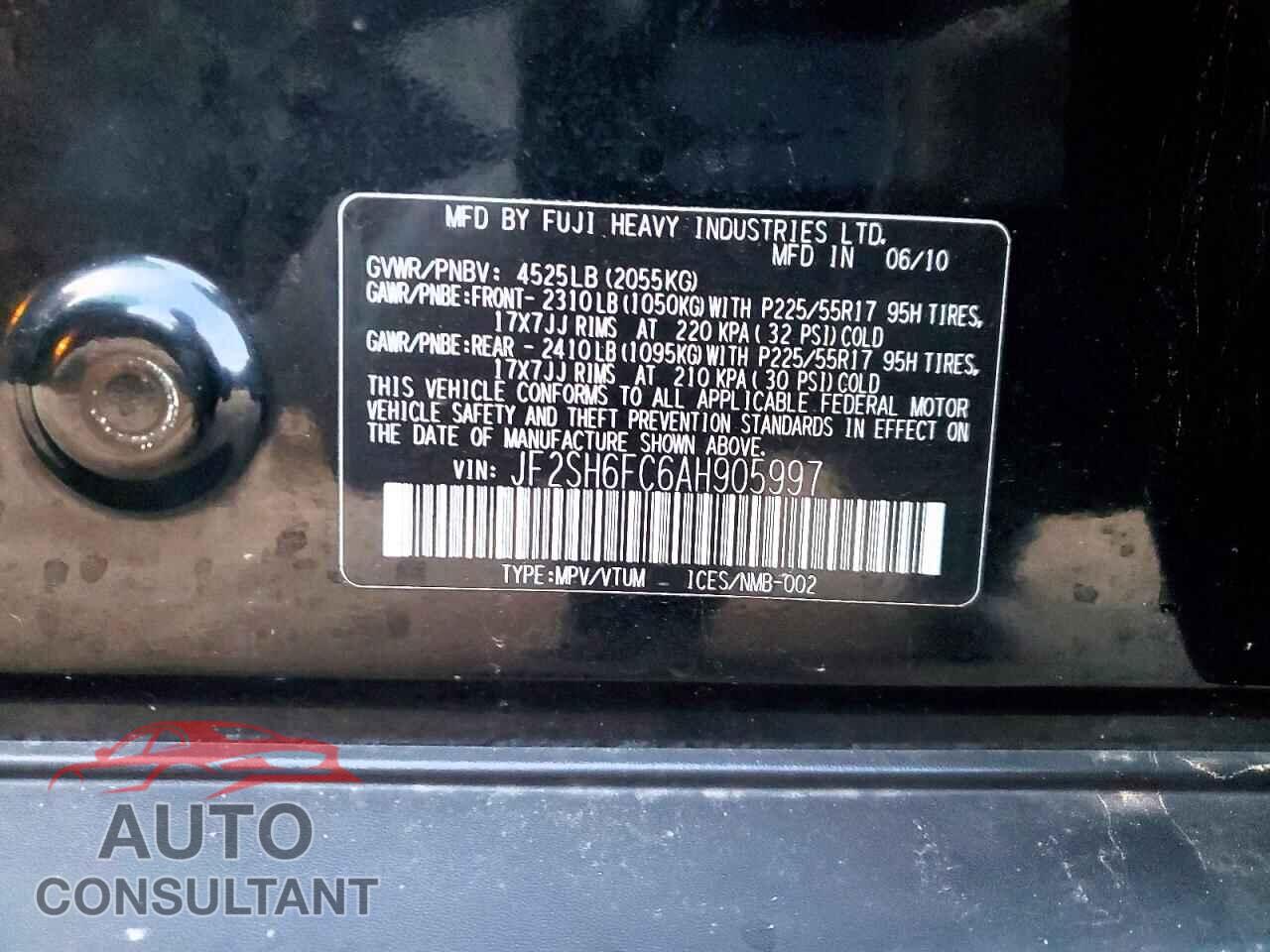 SUBARU FORESTER 2010 - JF2SH6FC6AH905997