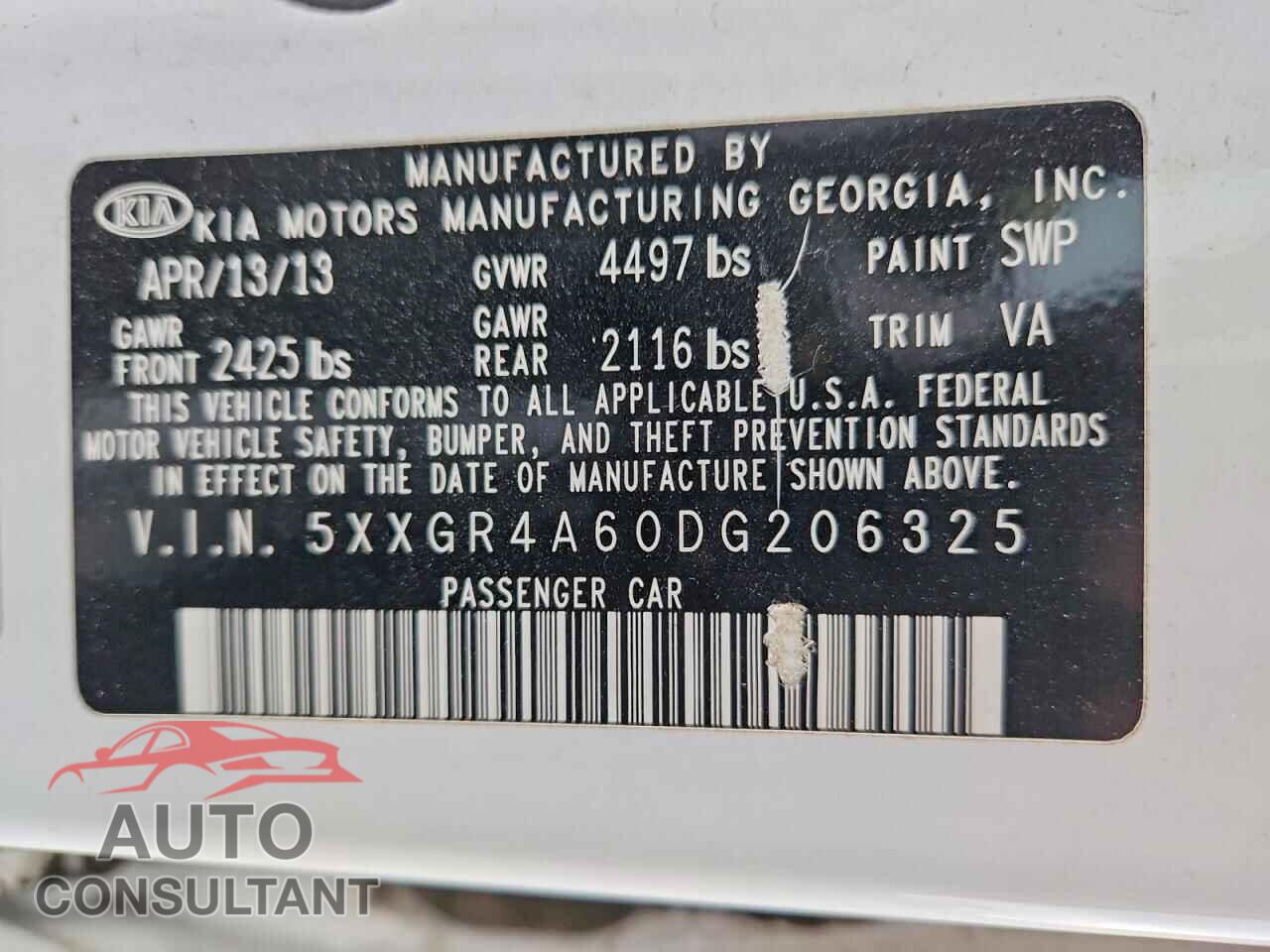 KIA OPTIMA 2013 - 5XXGR4A60DG206325