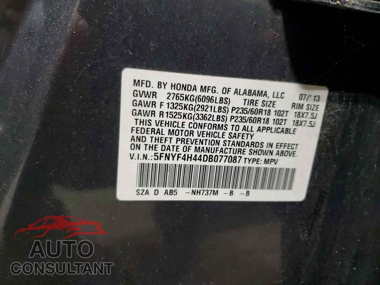 HONDA PILOT 2013 - 5FNYF4H44DB077087