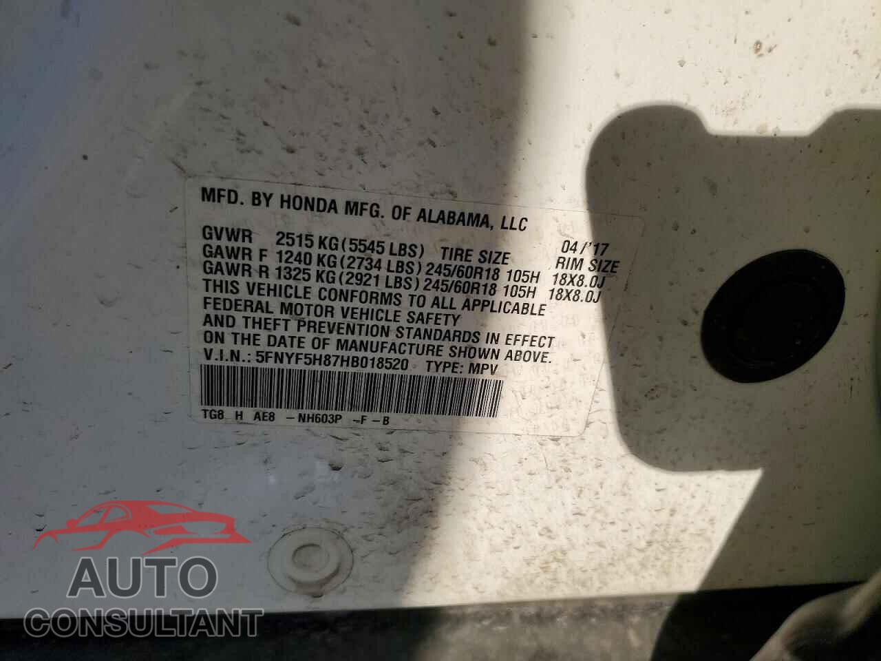 HONDA PILOT 2017 - 5FNYF5H87HB018520