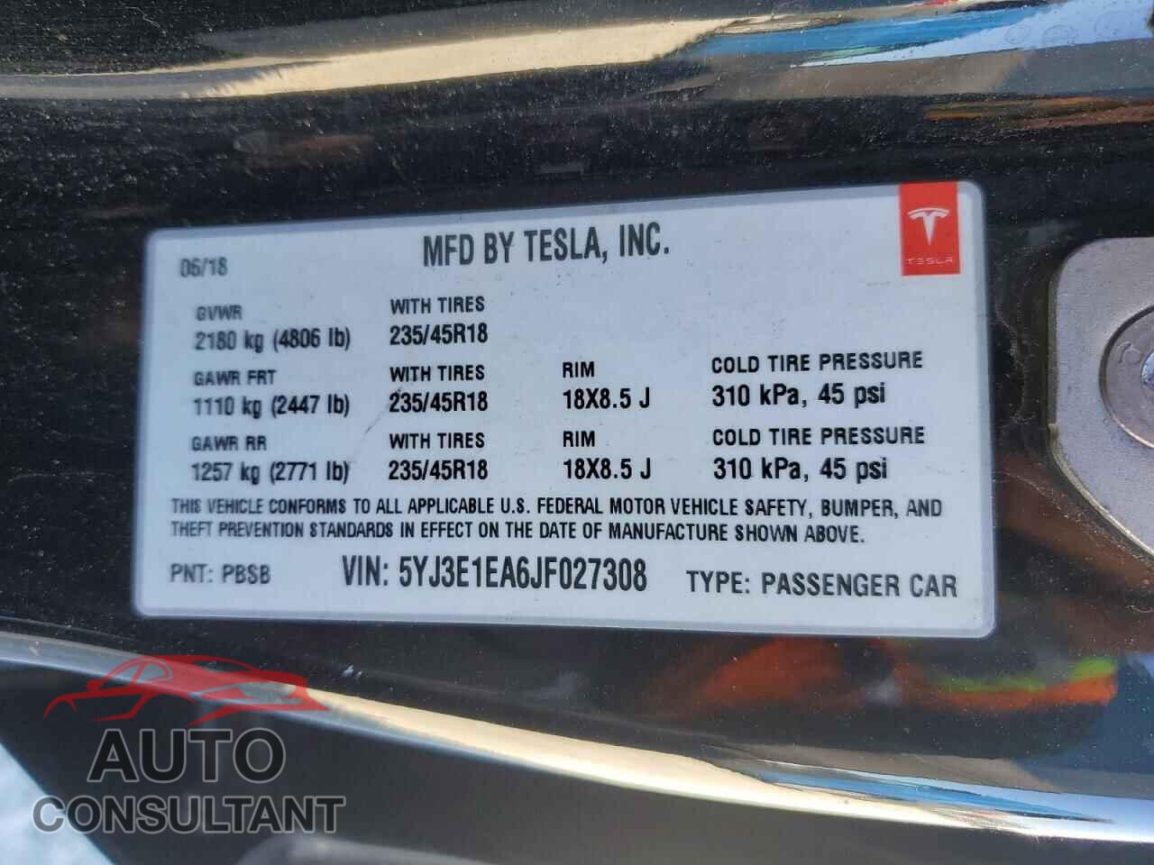 TESLA MODEL 3 2018 - 5YJ3E1EA6JF027308