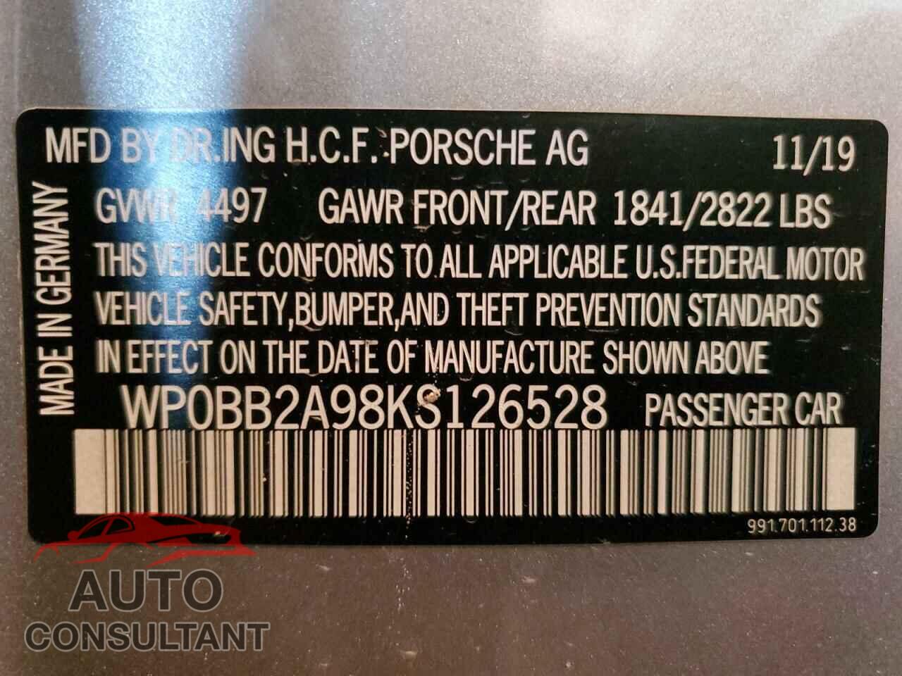 PORSCHE 911 2019 - WP0BB2A98KS126528