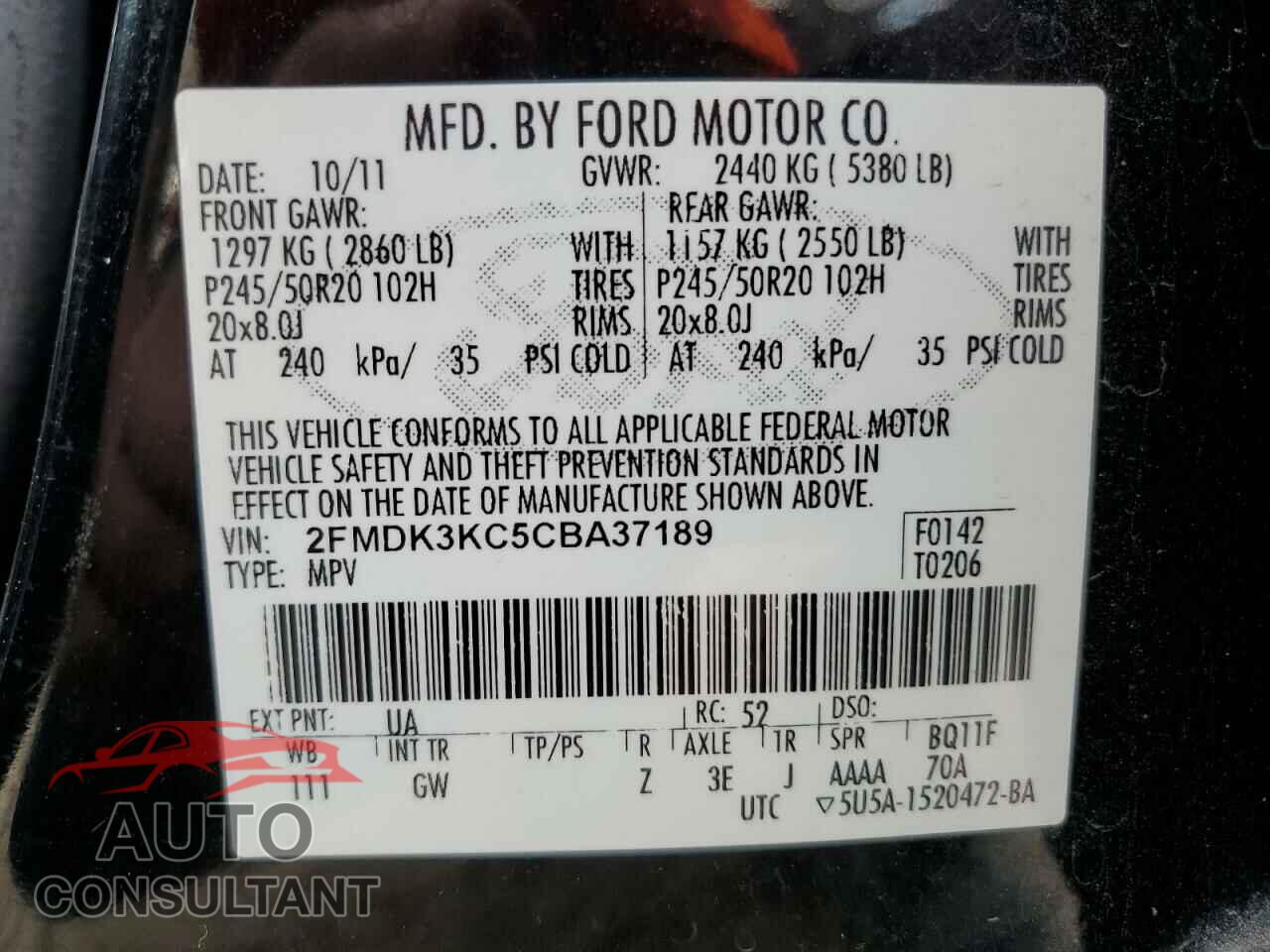 FORD EDGE 2012 - 2FMDK3KC5CBA37189