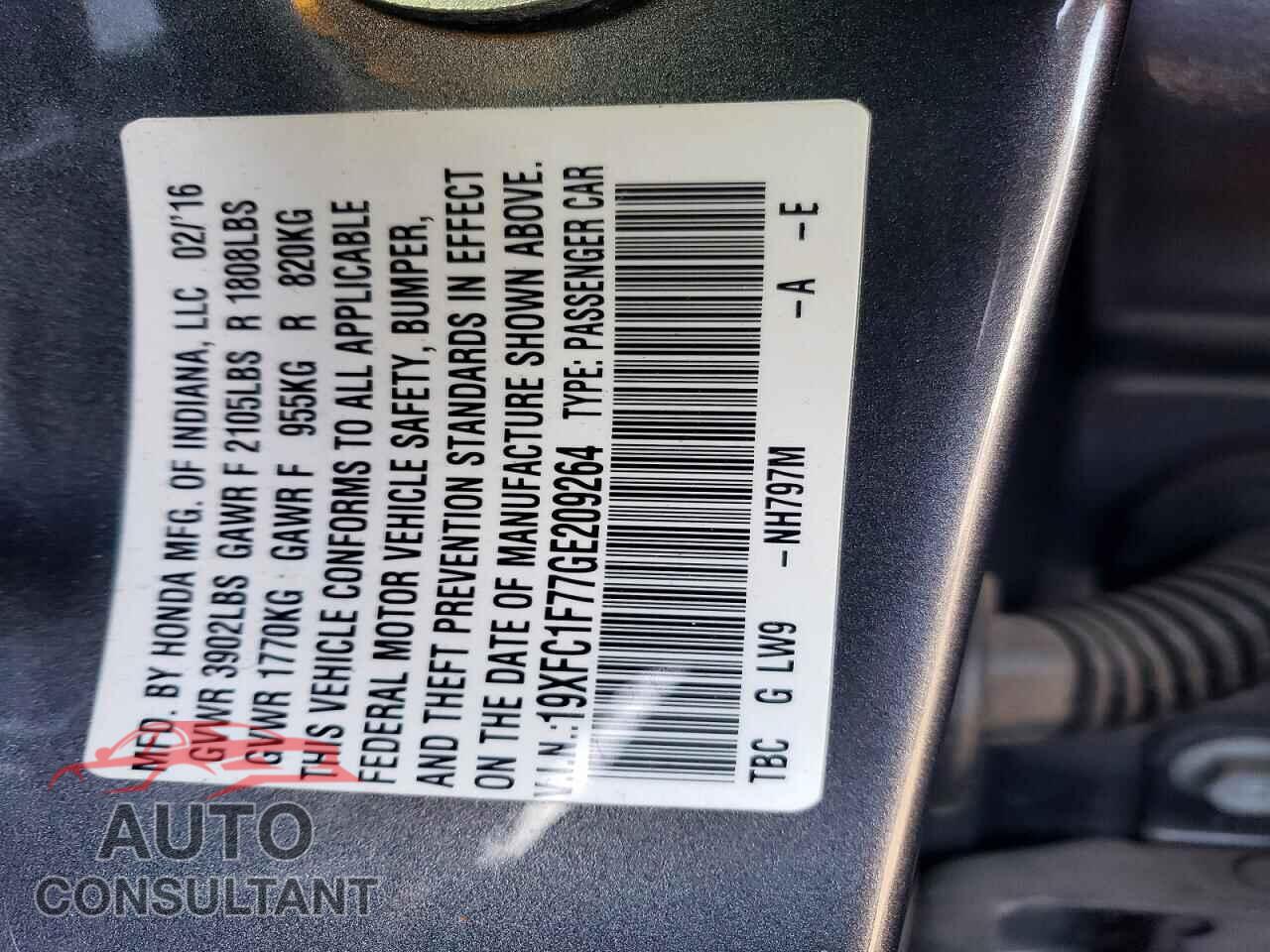 HONDA CIVIC 2016 - 19XFC1F77GE209264