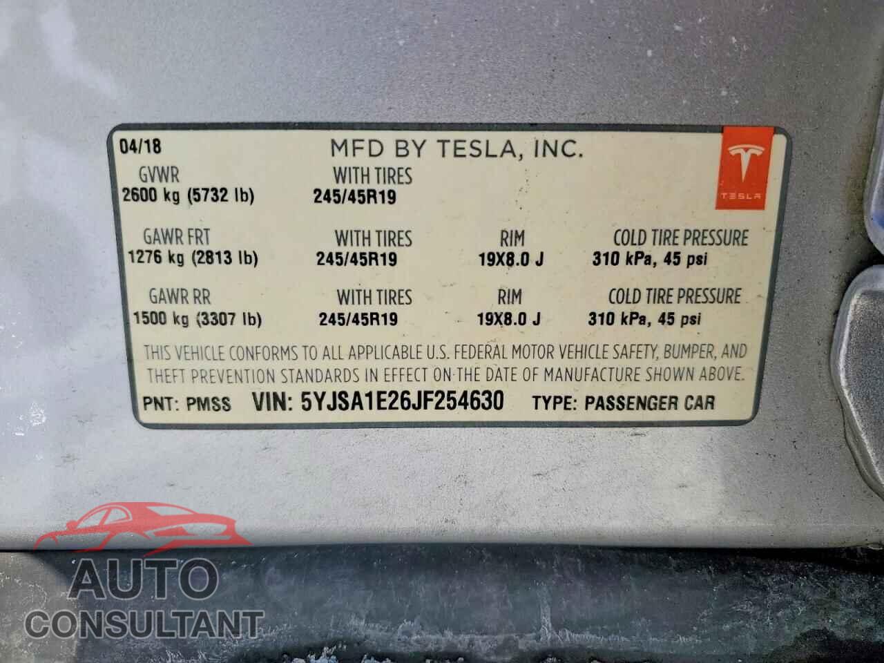 TESLA MODEL S 2018 - 5YJSA1E26JF254630