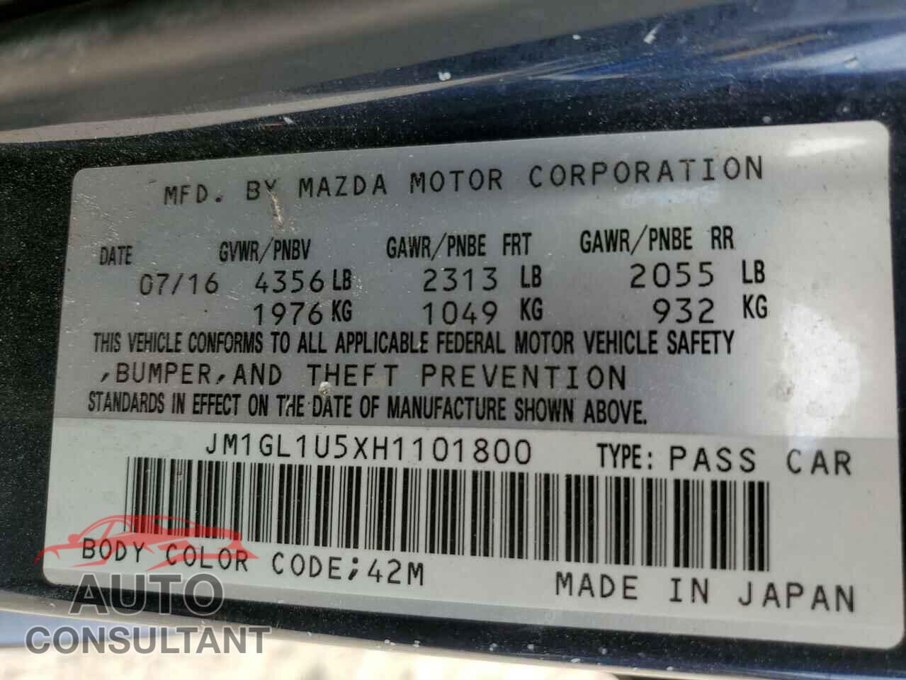 MAZDA 6 2017 - JM1GL1U5XH1101800
