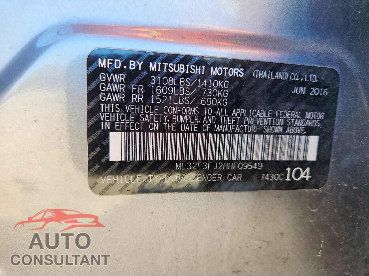 MITSUBISHI MIRAGE 2017 - ML32F3FJ2HHF09549