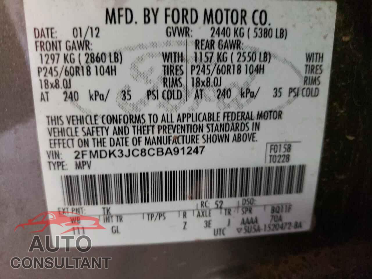 FORD EDGE 2012 - 2FMDK3JC8CBA91247