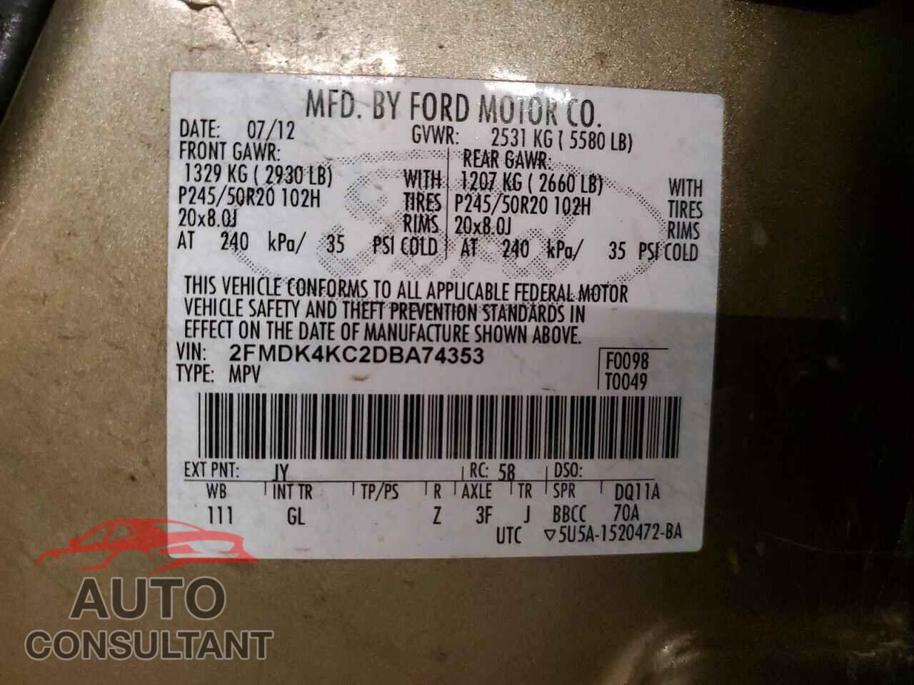 FORD EDGE 2013 - 2FMDK4KC2DBA74353
