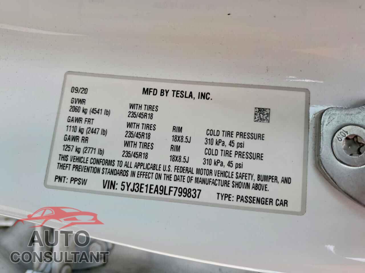 TESLA MODEL 3 2020 - 5YJ3E1EA9LF799837