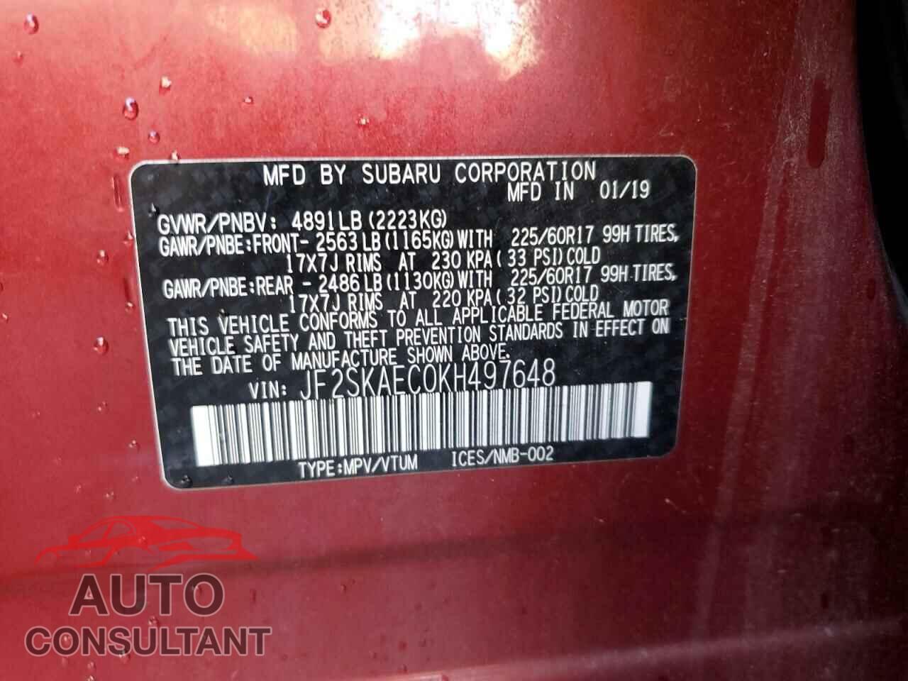 SUBARU FORESTER 2019 - JF2SKAEC0KH497648