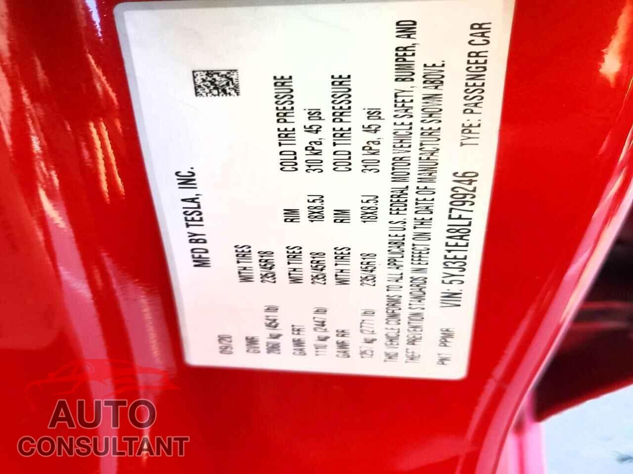 TESLA MODEL 3 2020 - 5YJ3E1EA8LF799246