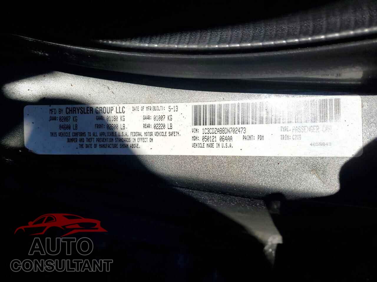 DODGE AVENGER 2013 - 1C3CDZAB8DN702473