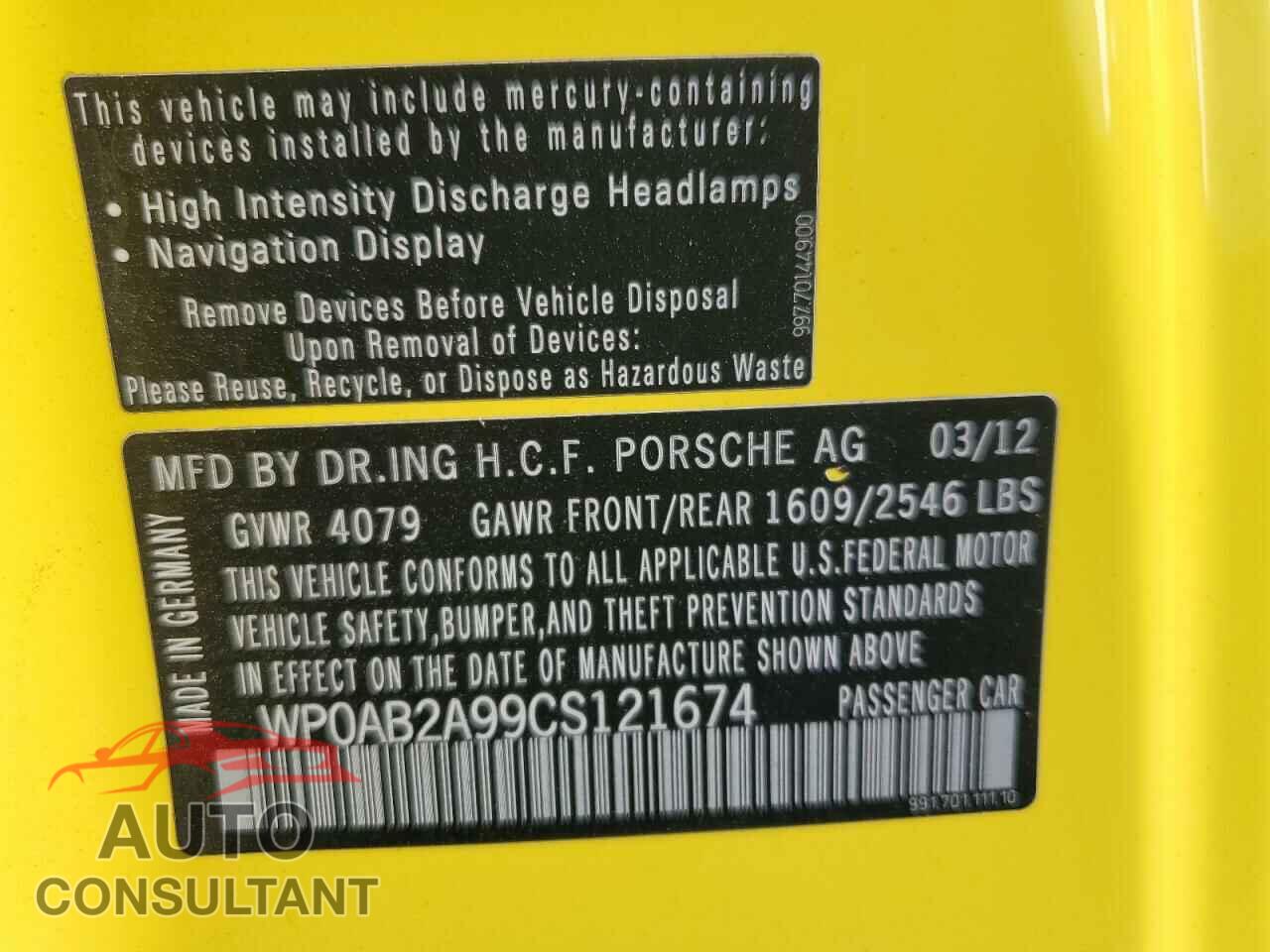 PORSCHE 911 2012 - WP0AB2A99CS121674