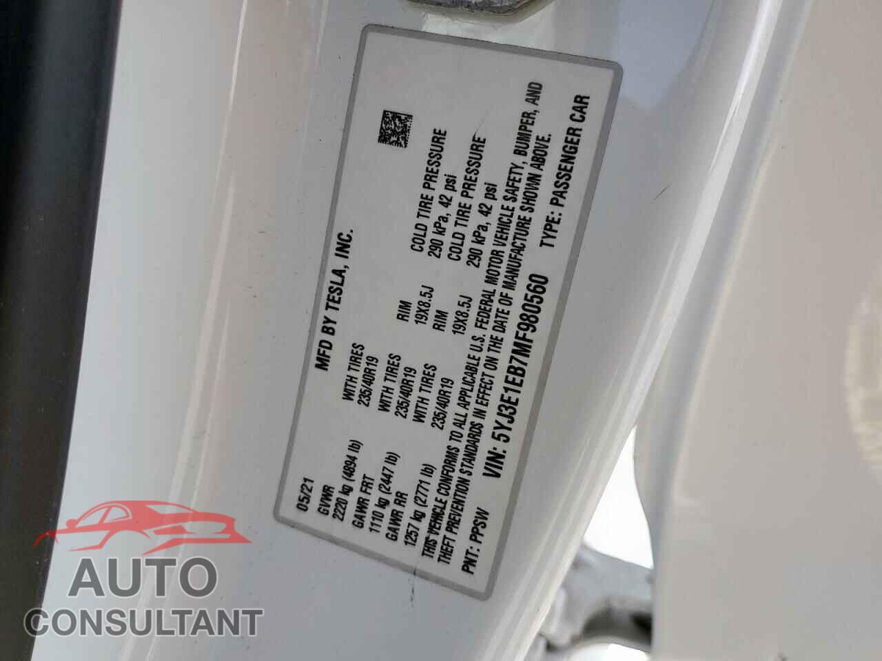 TESLA MODEL 3 2021 - 5YJ3E1EB7MF980560