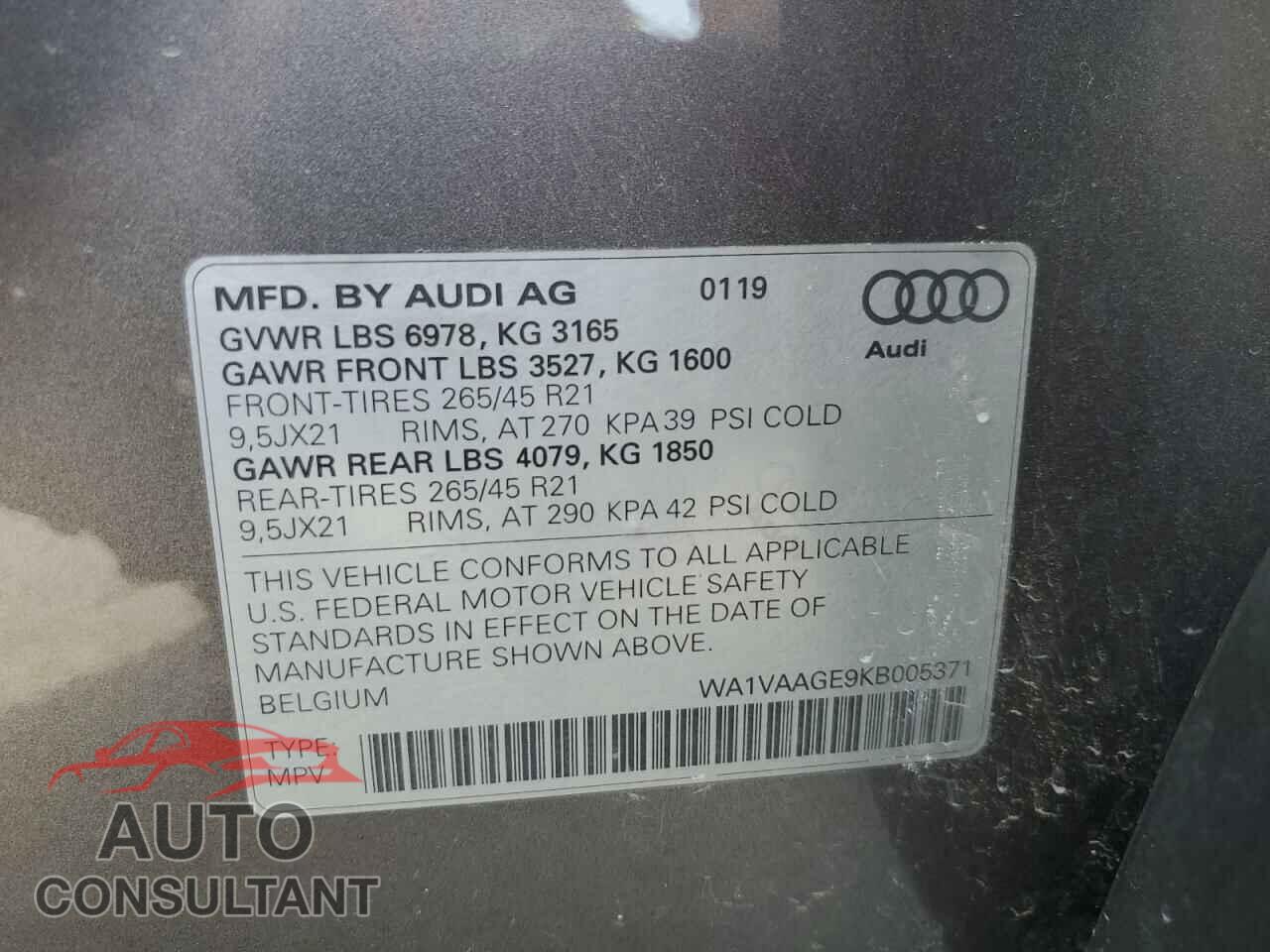 AUDI E-TRON 2019 - WA1VAAGE9KB005371