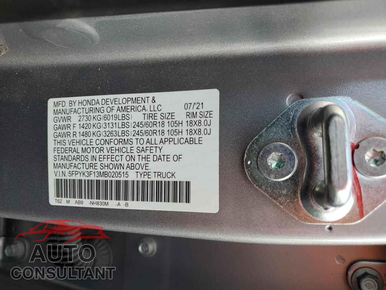 HONDA RIDGELINE 2021 - 5FPYK3F13MB020515