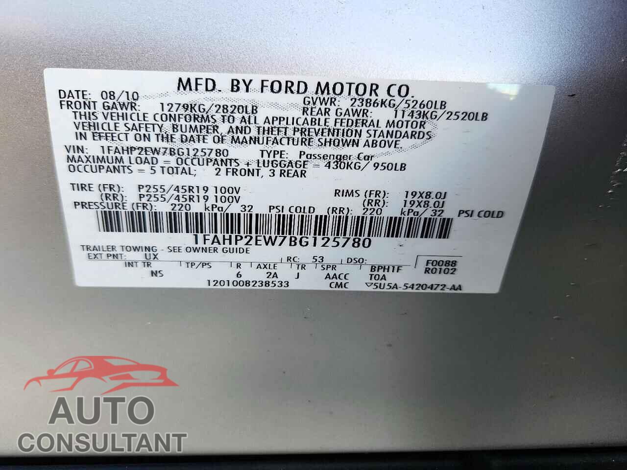FORD TAURUS 2011 - 1FAHP2EW7BG125780