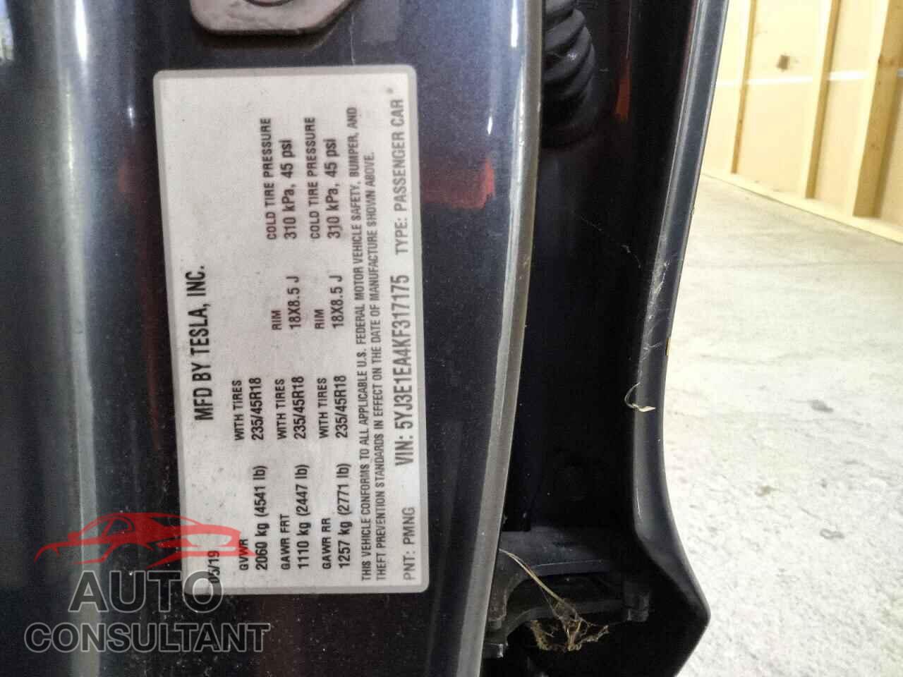 TESLA MODEL 3 2019 - 5YJ3E1EA4KF317175