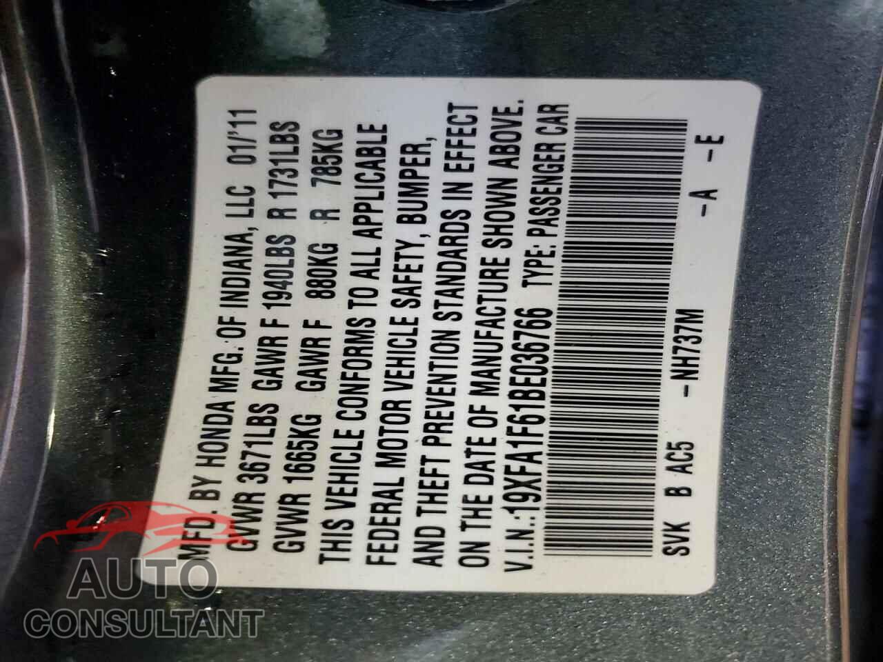 HONDA CIVIC 2011 - 19XFA1F61BE036766