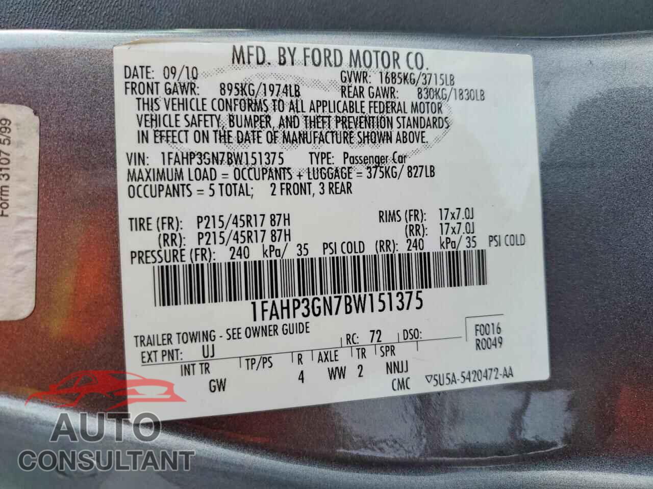 FORD FOCUS 2011 - 1FAHP3GN7BW151375