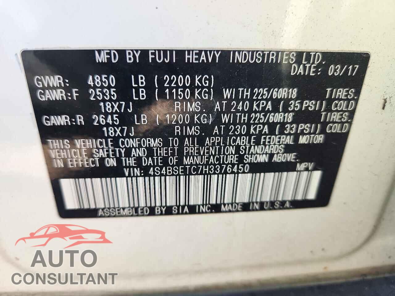 SUBARU OUTBACK 2017 - 4S4BSETC7H3376450