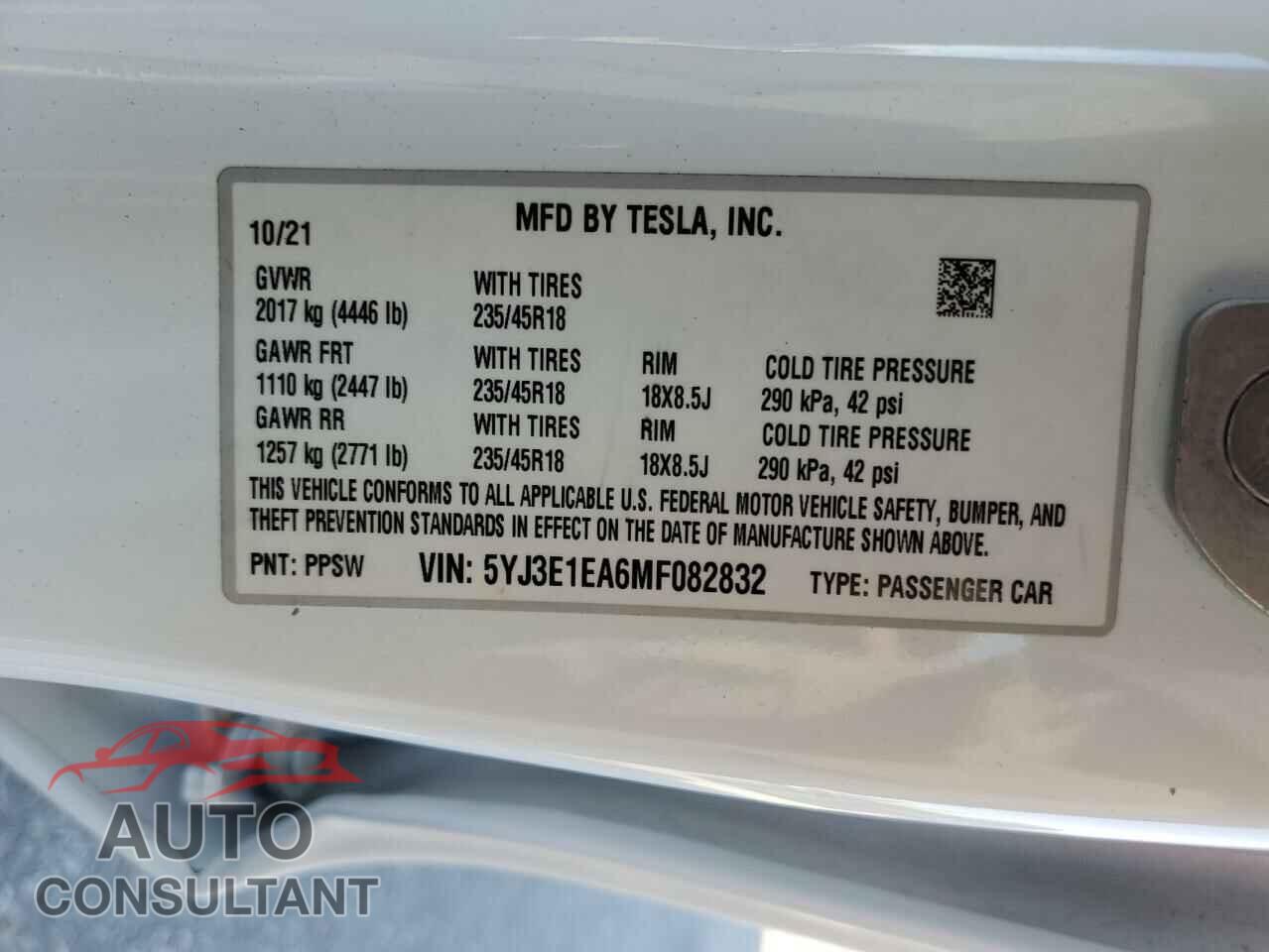 TESLA MODEL 3 2021 - 5YJ3E1EA6MF082832