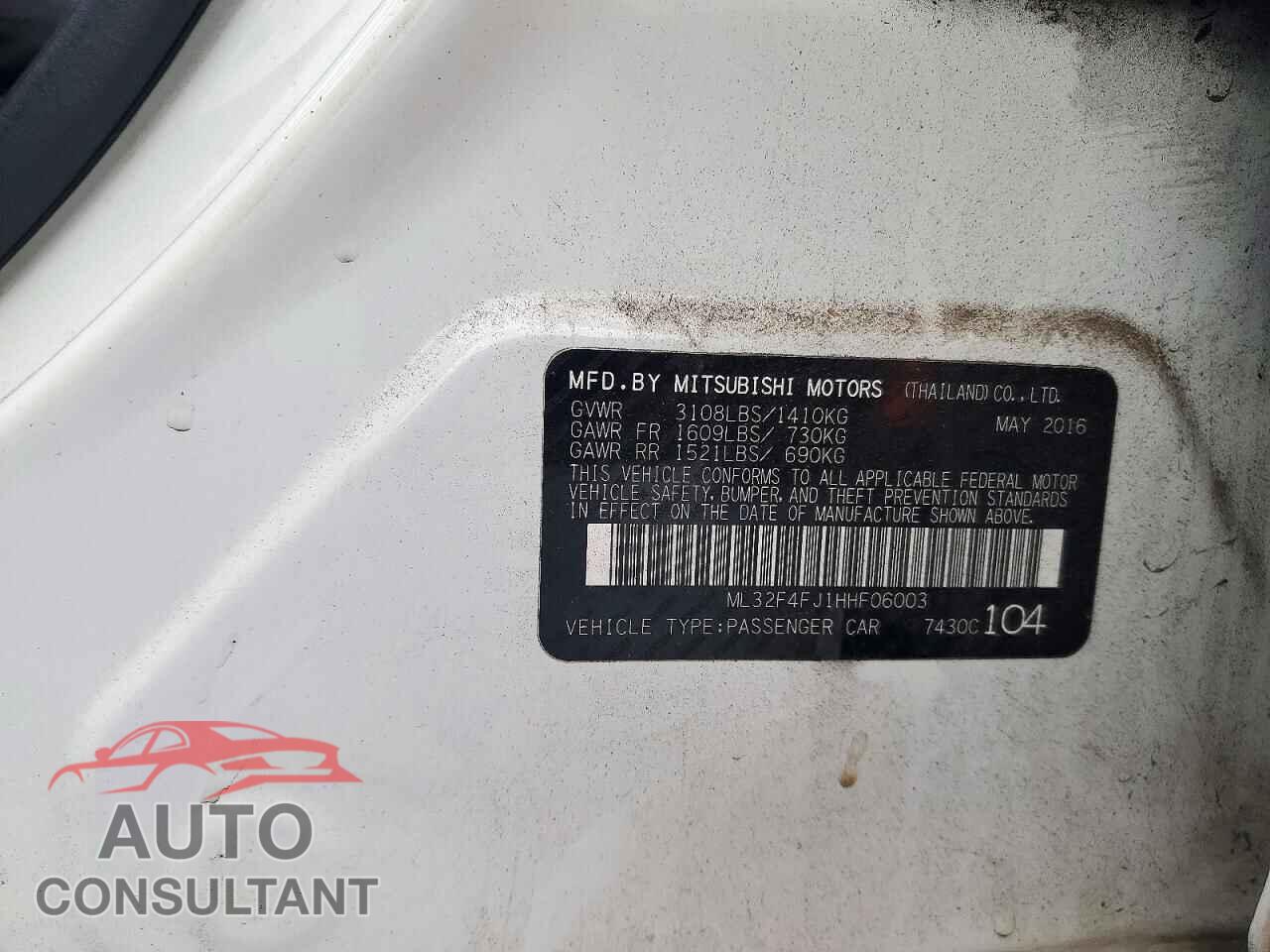 MITSUBISHI MIRAGE 2017 - ML32F4FJ1HHF06003
