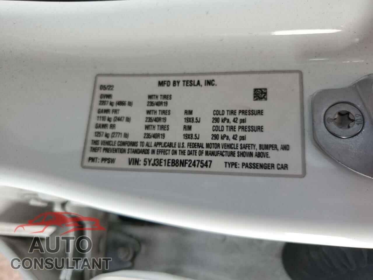 TESLA MODEL 3 2022 - 5YJ3E1EB8NF247547
