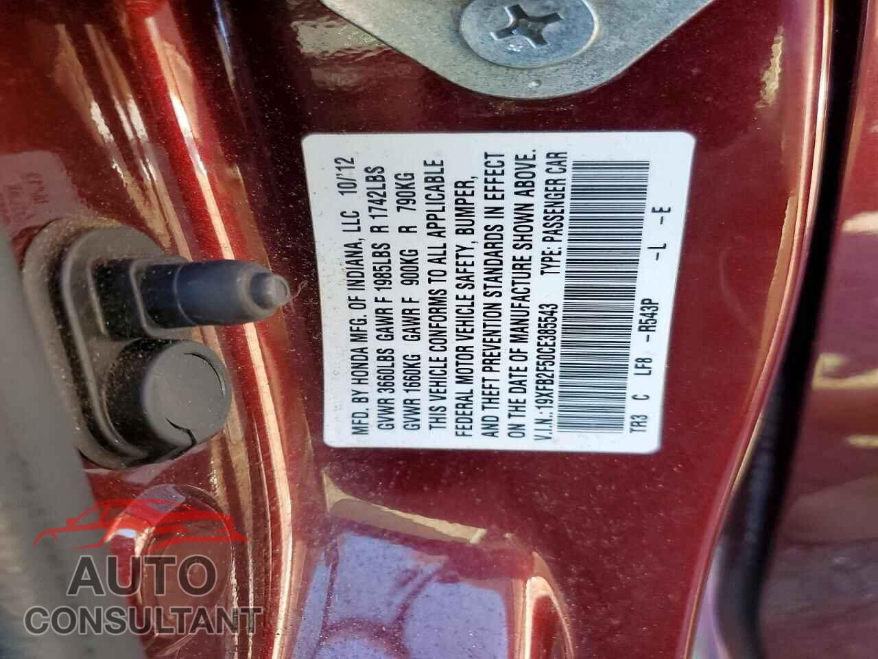 HONDA CIVIC 2012 - 19XFB2F50CE385543