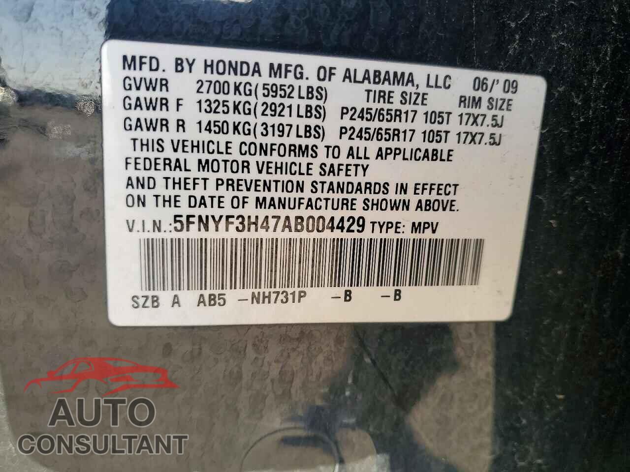 HONDA PILOT 2010 - 5FNYF3H47AB004429