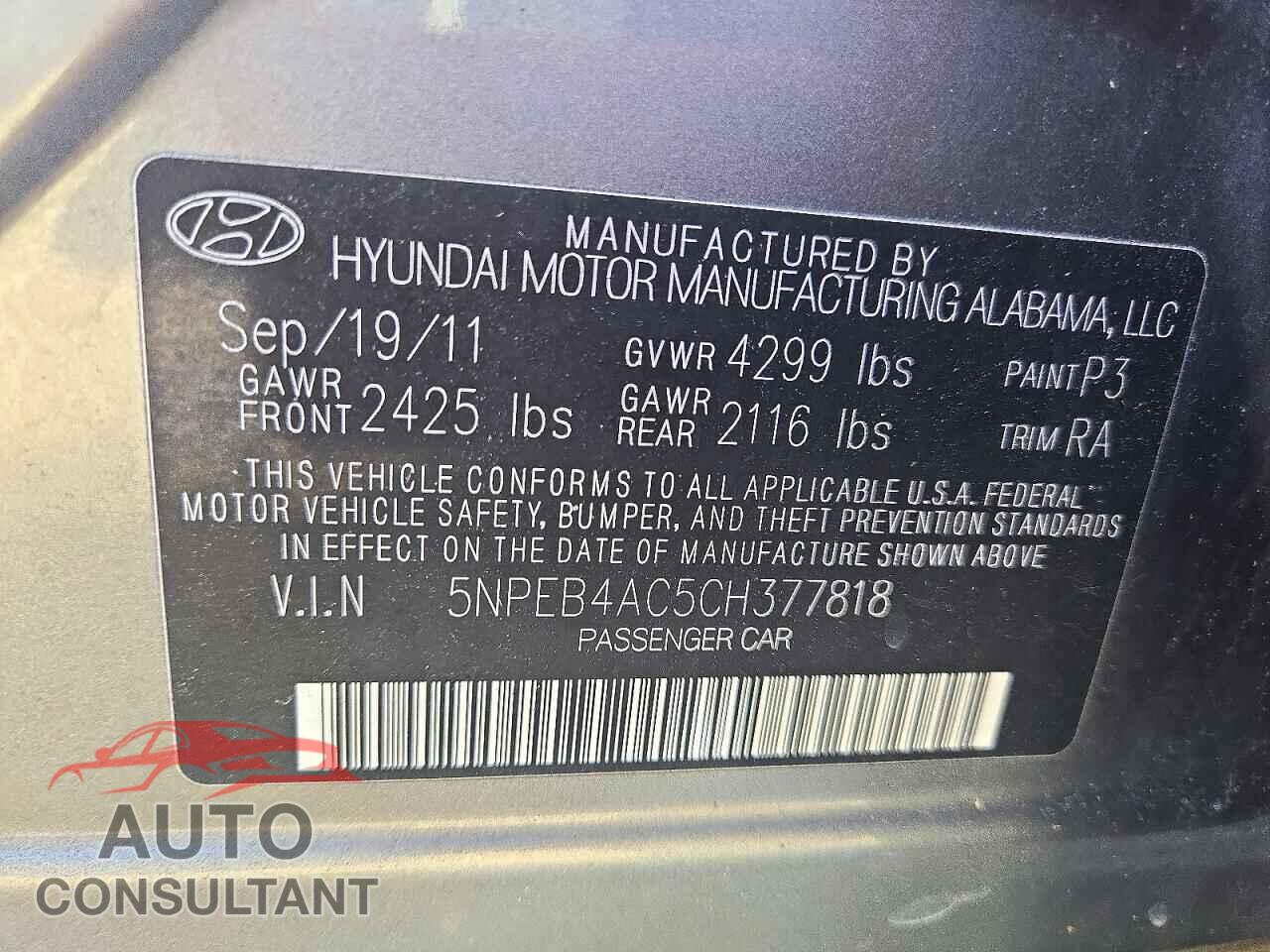 HYUNDAI SONATA 2012 - 5NPEB4AC5CH377818