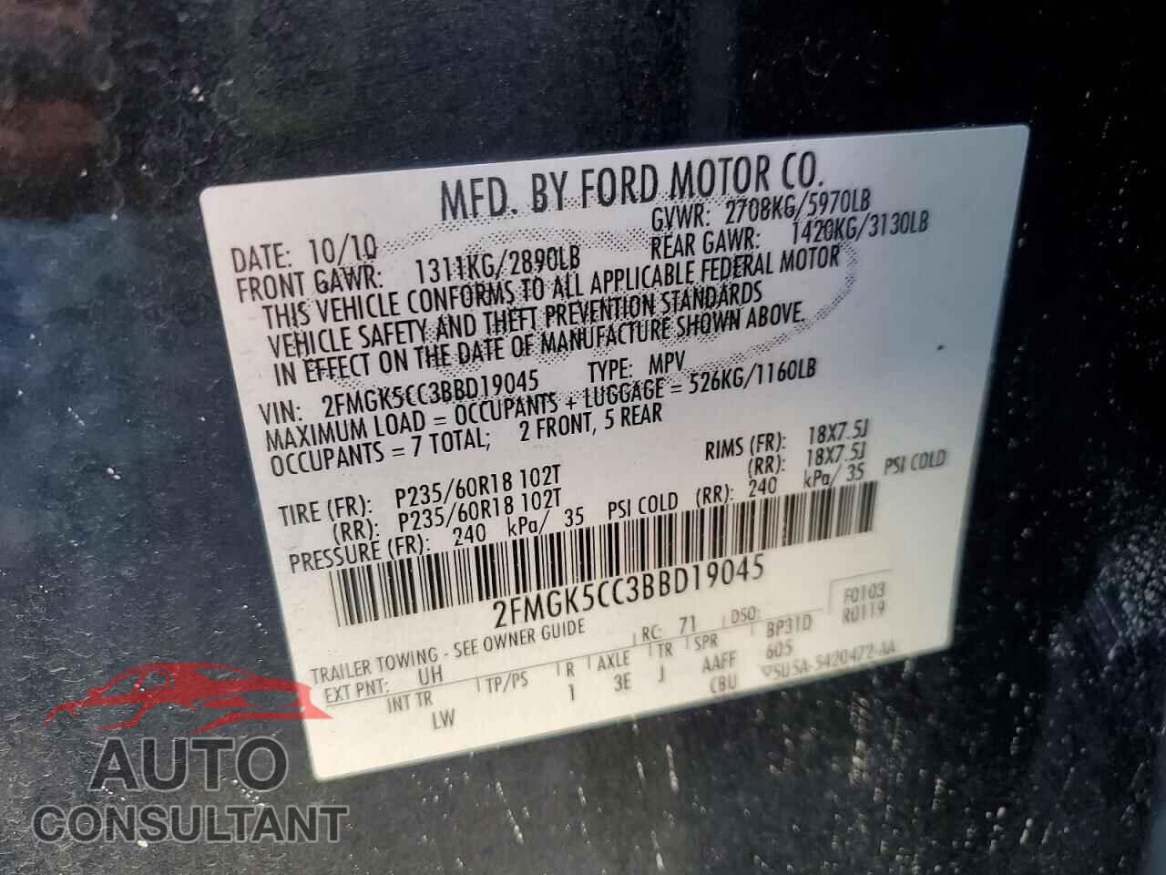 FORD FLEX 2011 - 2FMGK5CC3BBD19045