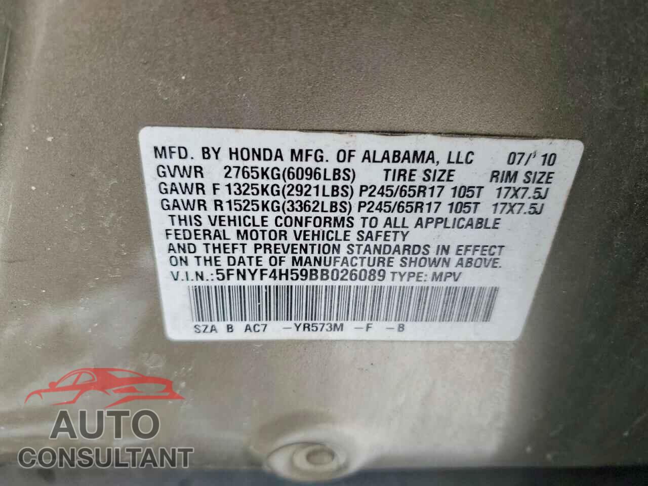 HONDA PILOT 2011 - 5FNYF4H59BB026089
