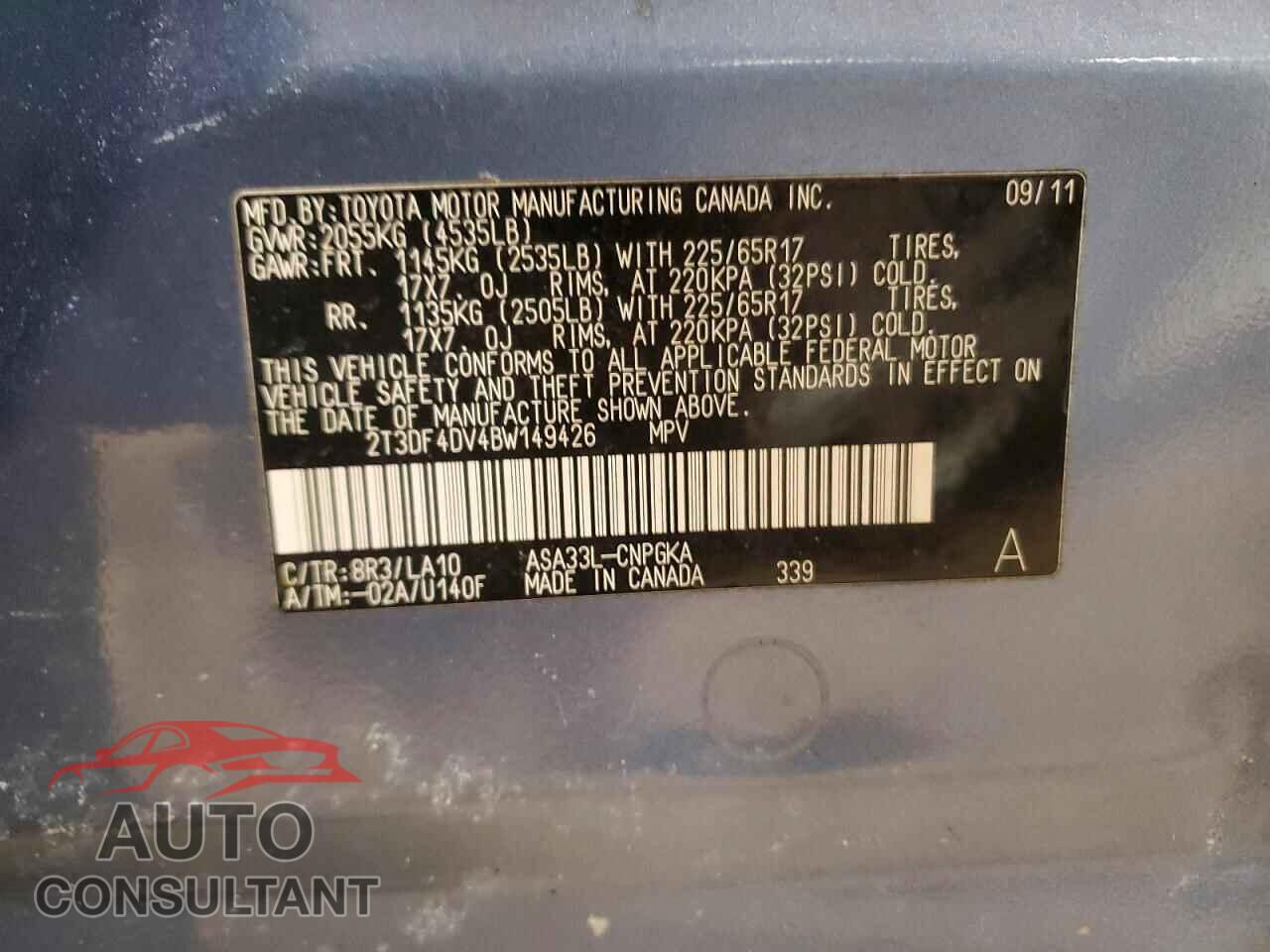 TOYOTA RAV4 2011 - 2T3DF4DV4BW149426