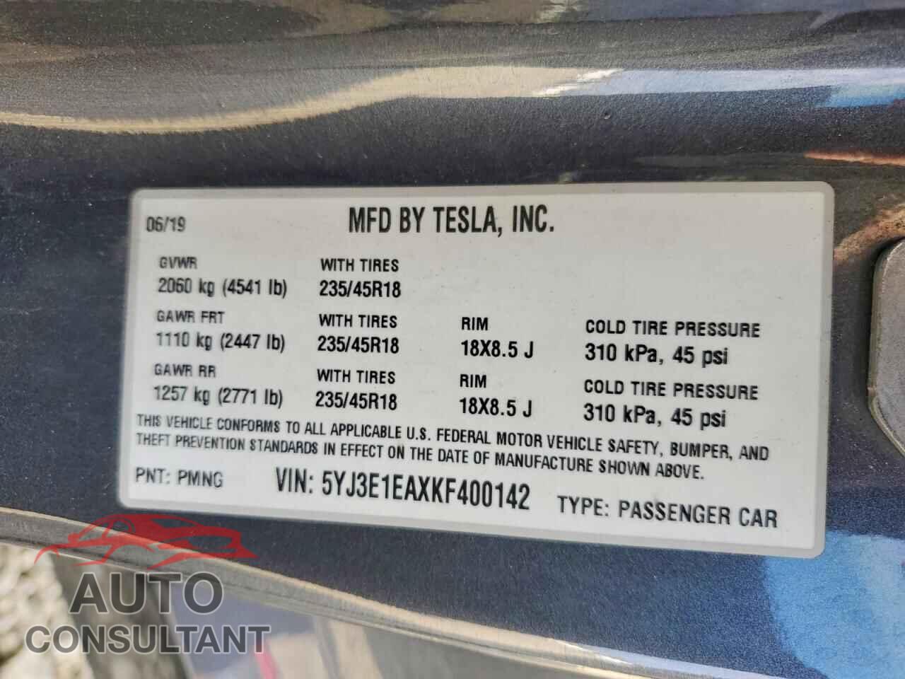TESLA MODEL 3 2019 - 5YJ3E1EAXKF400142